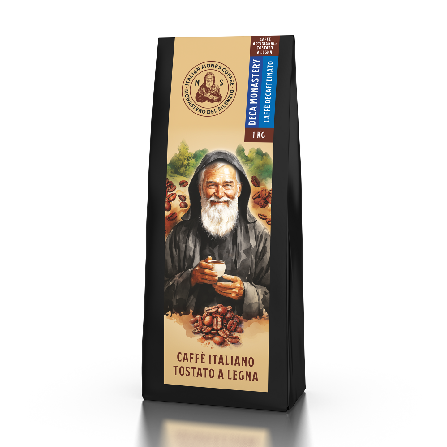 Caffè Miscela Decaffeinata ad Acqua del Monastero del Silenzio, tostato a legna, perfetto per ogni momento della giornata