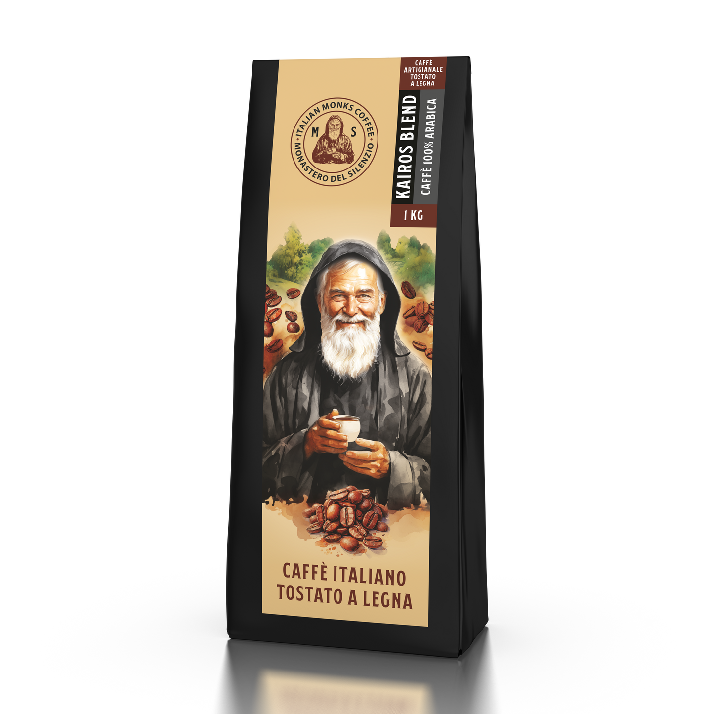 Caffè Miscela Kairos 100% Arabica tostato a legna nel Monastero del Silenzio, con note di arancia e bergamotto