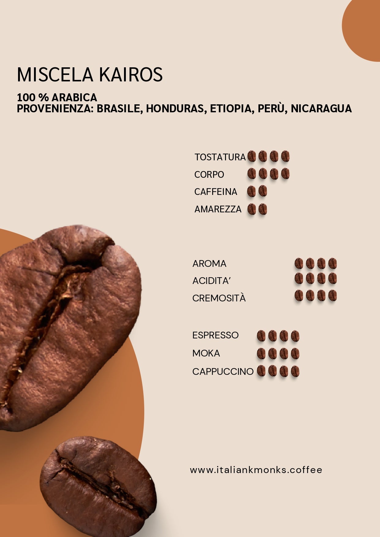 Caffè Miscela Kairos 100% Arabica tostato a legna nel Monastero del Silenzio, con note di arancia e bergamotto