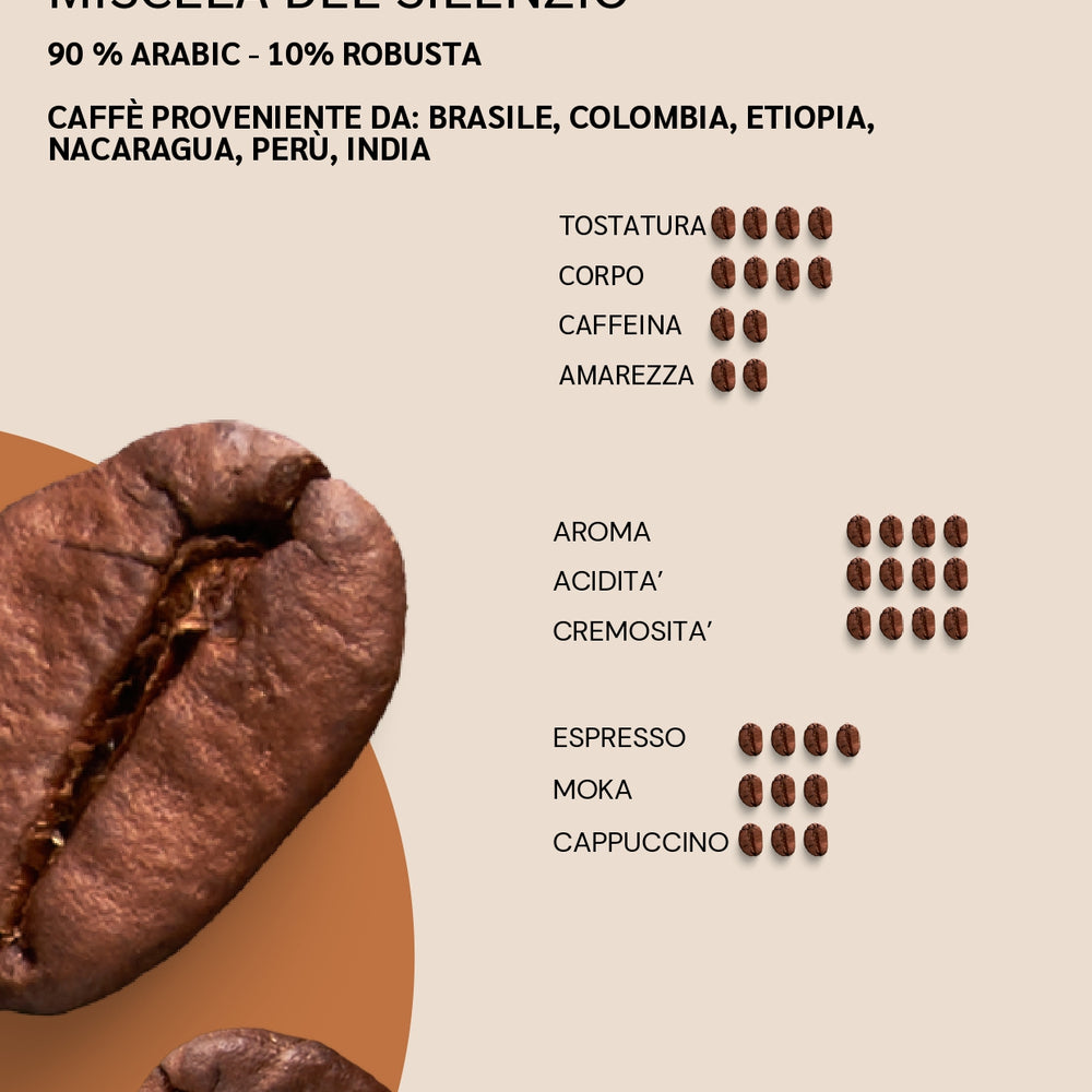 Caffè Miscela del Silenzio tostato a legna dal Monastero del Silenzio, un blend di Arabica e Robusta