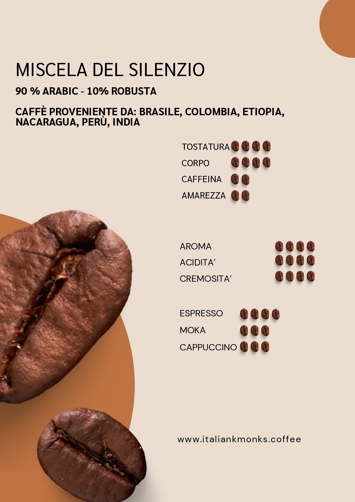 Caffè Miscela del Silenzio tostato a legna dal Monastero del Silenzio, un blend di Arabica e Robusta